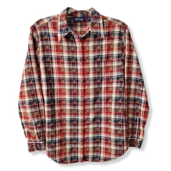 90s Krazy Kat Women Fall Leaf Plaid Button Shirt M Autumncore Nature Cabincore - Picture 1 of 12